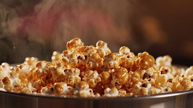 Cinematic footage of caramel popcorn pouring into metal buckets 4k video