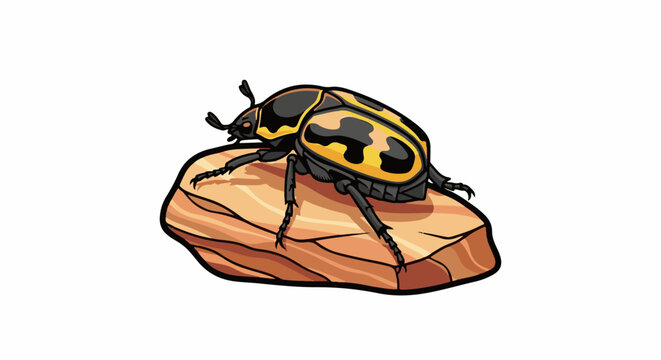 A yellow and black beetle with segmented legs rests on a light brown, layered rock