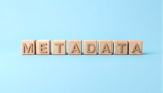Wooden blocks spelling the word metadata on a light blue background
