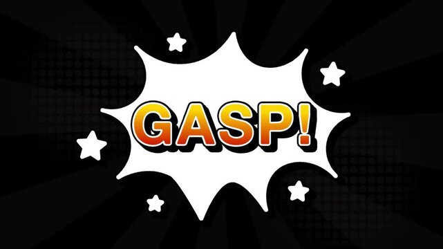 gasp text word lettering popup comic cartoon reveal with bomb and smoke explosion manga anime book page dots with radial speed lines doodle black background with seamless loop animation retro clip