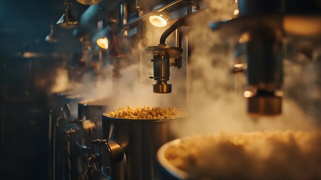 Industrial popcorn machine popping corn in commercial kitchen &ndash; food production and snack manufacturing