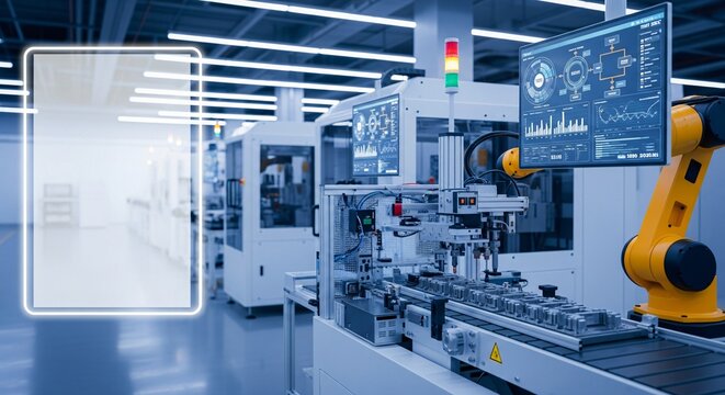 Automated factory assembly line with robotic arm and monitor displaying data