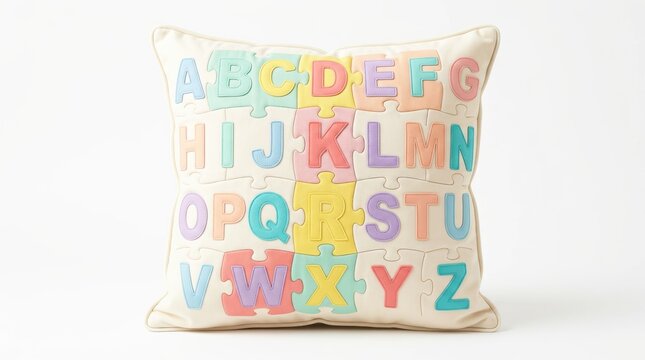 Kids alphabet puzzle style throw pillow with interlocking colorful letters playful educational design soft fabric pastel colors