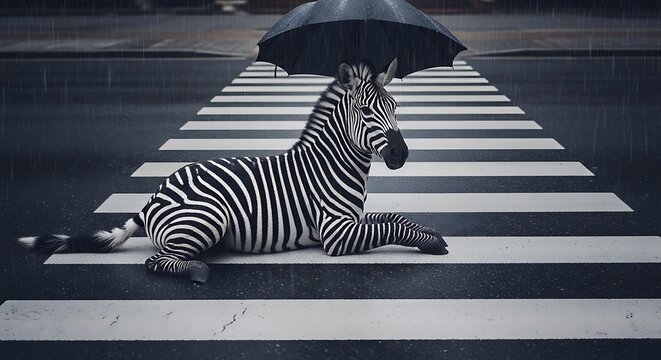 A zebra resting on a crosswalk under a black umbrella.