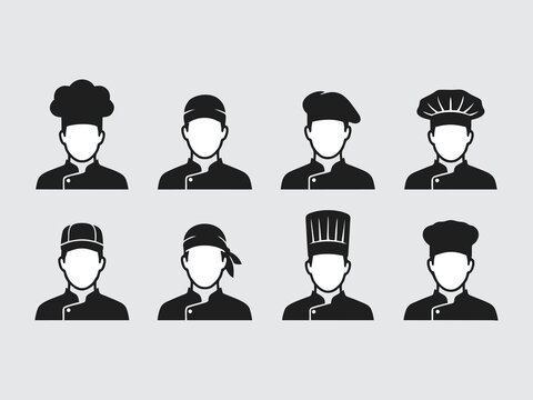 Set of chef avatar icons, professional cook silhouettes with different hats, kitchen staff portraits, bakery and restaurant worker vector symbols isolated on grey background