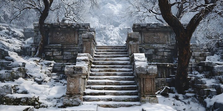 Winter Wonderland SnowCovered Stone Steps Leading to Mystery