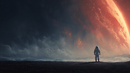 Obraz premium Astronaut standing in a dusty coast