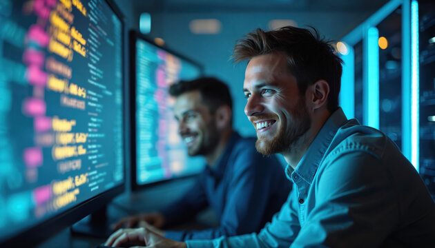Two men work side by side at computers in a modern office. They smile, engaged with code on screens showing data visualizations. Teamwork and success are evident.
