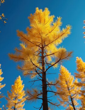 Bright yellow tamarack trees stand tall against a clear blue sky. Their golden needles signal autumns arrival and the yearly change of seasons. Nature displays its vibrant fall colors.