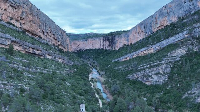 Aerial Drone View of Turia Canyon Bridges, Valencia Region Spain Cloudy
