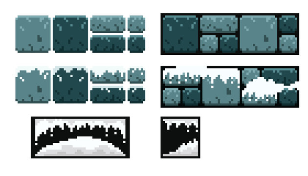 Game asset pixel art snowy dungeon tileset. Winter stone masonry and ice textures for 2D platformer games. 8-bit frozen castle building blocks, cold environment elements for retro game development.