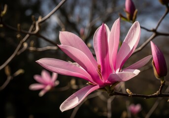 Fototapeta premium Close-up of vibrant pink magnolia flower blooming in natural sunlight