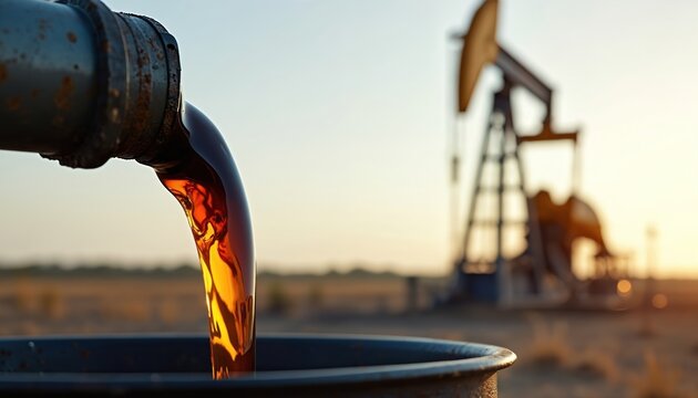 Golden crude oil streams from pipe into metal drum. Oil pumpjack operates in background. Fossil fuel extraction happens at sunset. Energy industry production shown at dusk.