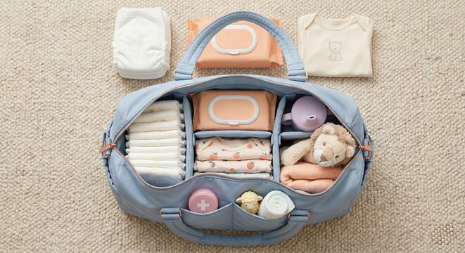 Packed diaper bag with baby essentials, wipes, clothes and diapers, top view flat lay for parenting and newborn care