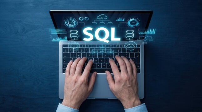 Hands typing on a laptop with SQL text and digital database symbols for data management.