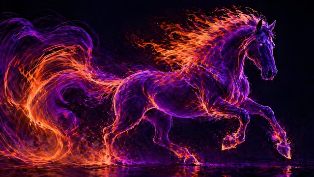A powerful stallion composed of vibrant purple and orange flames charging through the darkness. Dramatic digital art showcasing elemental energy and mystical power.