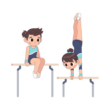 Youth gymnasts performing on parallel bars with playful expressions  
