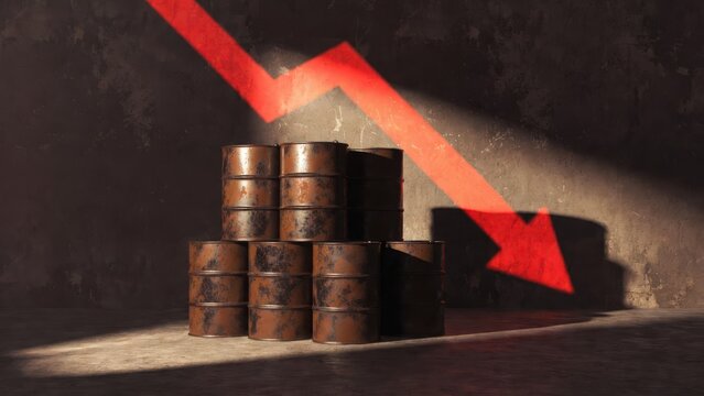 Oil barrels with a downward red arrow indicating decline in oil prices, representing market instability, trade war, and economic downturn.