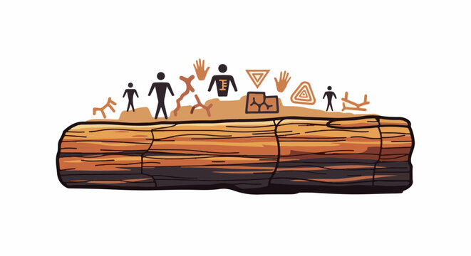 Ancient petrified wood surface with primitive human figures and symbols