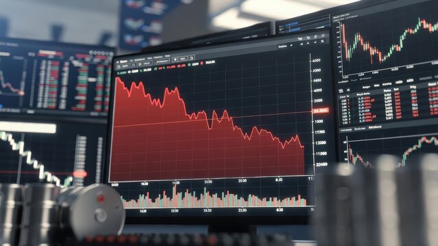 Oil barrels with a downward red arrow indicating decline in oil prices, representing market instability, trade war, and economic downturn.