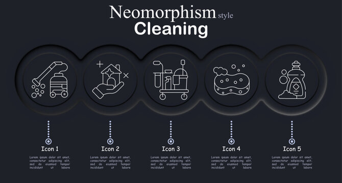 Cleaning set icon. Neomorphic dark interface circles with line symbols of vacuum cleaner hose, disinfect hand sparkle, cleaning trolley supplies, soap sponge bubbles, detergent bottle