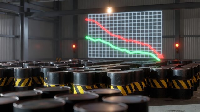 Oil barrels with a downward red arrow indicating decline in oil prices, representing market instability, trade war, and economic downturn.