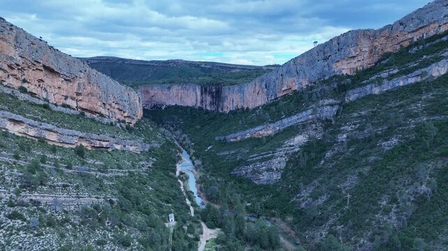 Aerial Drone View of Turia Canyon Nature and Cliffs Valencia Spain

