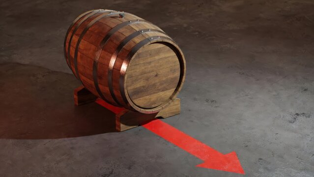 Oil barrels with a downward red arrow indicating decline in oil prices, representing market instability, trade war, and economic downturn.