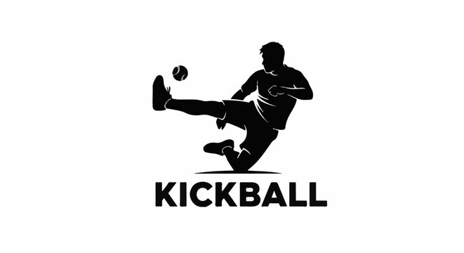 Black silhouette of a person kicking a ball mid-air, with the word kickball below