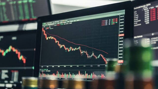 Oil barrels with a downward red arrow indicating decline in oil prices, representing market instability, trade war, and economic downturn.