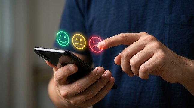 Person using a mobile phone to select an emotion face rating for customer satisfaction feedback.