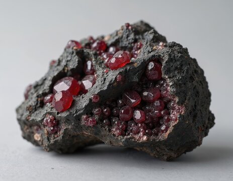 Dark rock cavity filled with many small red crystals. Larger faceted gem like stones grow in clusters, showing shiny facets and deep red color.