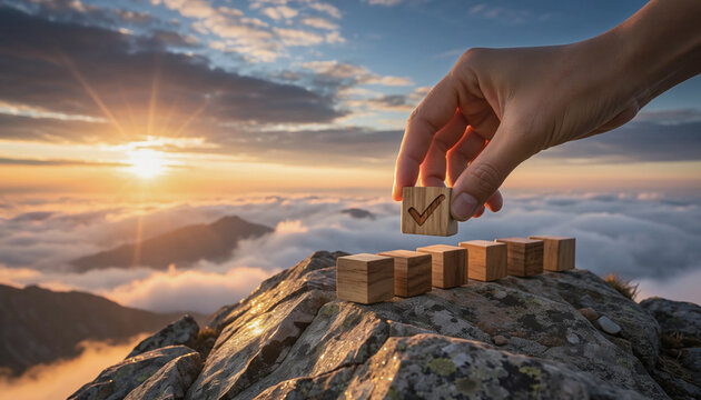 Hand placing a final checkmark block on a mountain peak at sunrise, symbolizing goal achievement, success, progress, discipline, and completing milestones with determination and focus.