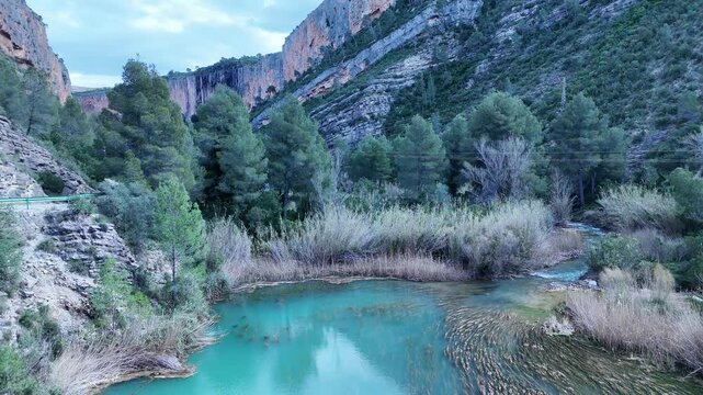 Aerial Drone View of Turia Canyon Nature and Cliffs Valencia Spain
