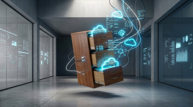 Surreal cabinet with neon clouds for cloud data migration, AI generated.
