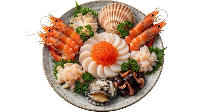 皿に盛り付けられた新鮮な刺身の盛り合わせ、エビ、ホタテ、魚介類とイクラを飾った豪華な海鮮料理 seafood platter sashimi shrimp scallops