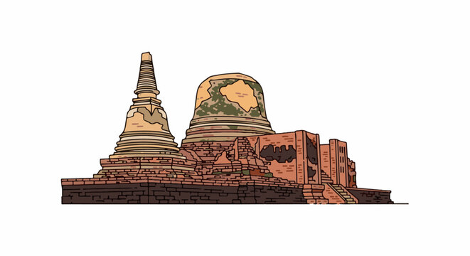 Ancient stone structures, two stupas of varying heights, and a crumbling brick wall