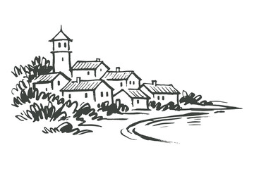 Obraz premium Coastal village landscape ink sketch vector illustration