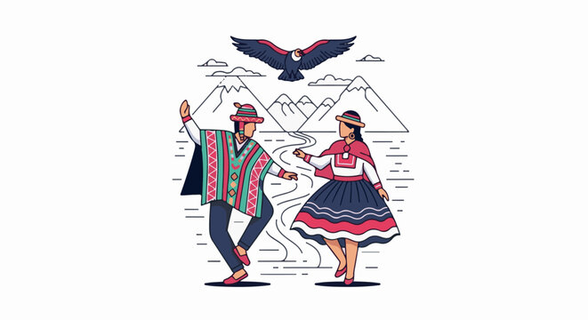 Andean couple in traditional attire dances amidst mountains and a condor flies overhead