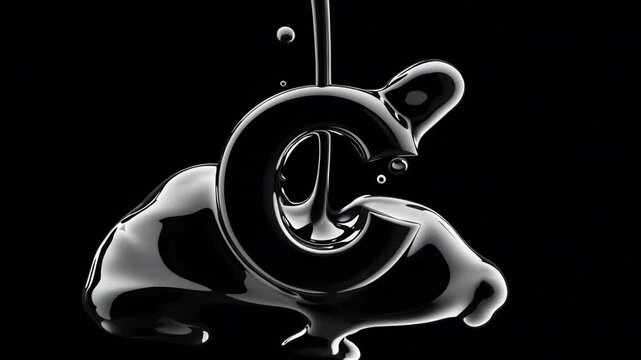 3D Glossy Black Liquid Letter C Dripping Fluid Abstract Font Element on Dark Background