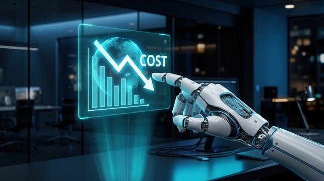 Robotic hand pointing at a cost reduction graphic with financial data visualization.