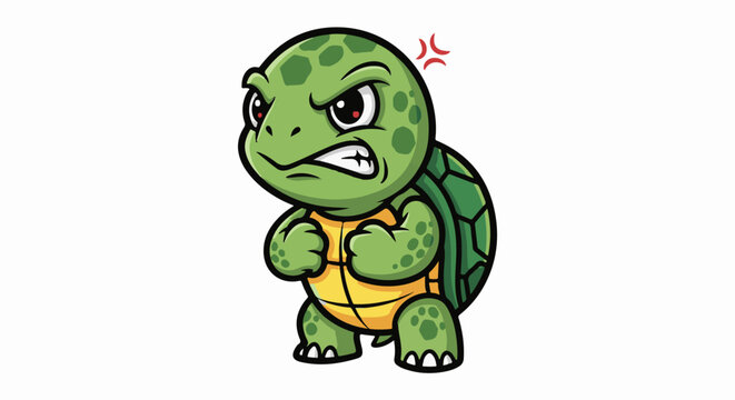 Angry cartoon turtle with clenched fists, showing aggressive emotion with frowny face