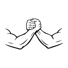 Logo competición de pulsos. Dibujo minimalista de dos brazos musculosos entrelazados en una lucha de pulsos © teracreonte