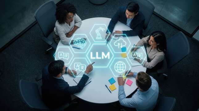 Diverse business team brainstorming ideas for large language models in a collaborative workspace.