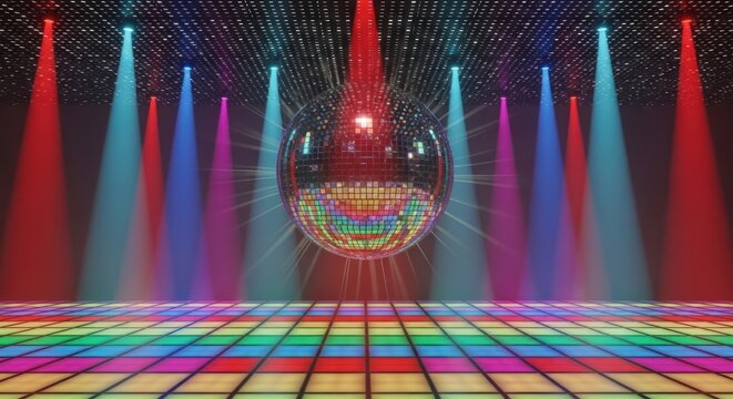 Disco ball on dance floor with colorful lights.