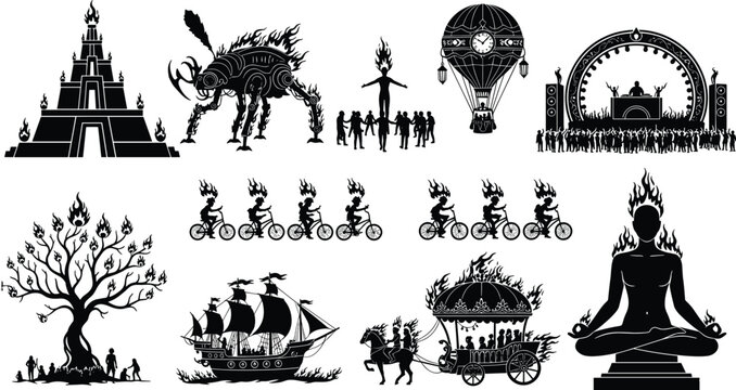 Surreal fire silhouettes, desert temple, burning elephant, ritual gathering, hot air balloon flames, ship, carriage, meditating figure, community celebration