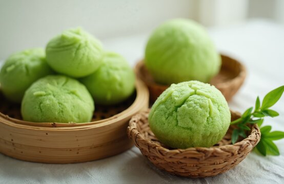 Indonesian bolu kukus cupcakes, light green color, fluffy texture, cracked tops. Served in bamboo steamer and small woven basket. Fresh green leaf garnish.