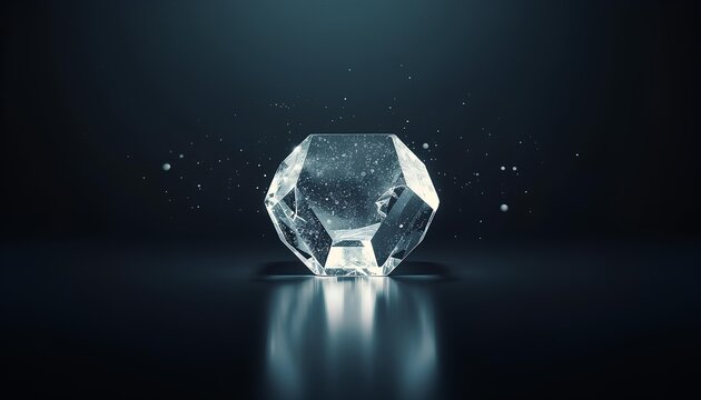 Mesmerizing luminous crystal jewel radiating ethereal brilliance on a sleek, dark reflective surface, showcasing its multifaceted purity and subtle depth
