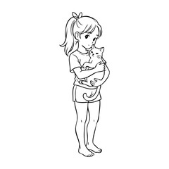 Amor por las mascotas. Dibujo minimalista con líneas de una niña abrazando a un gatito © teracreonte
