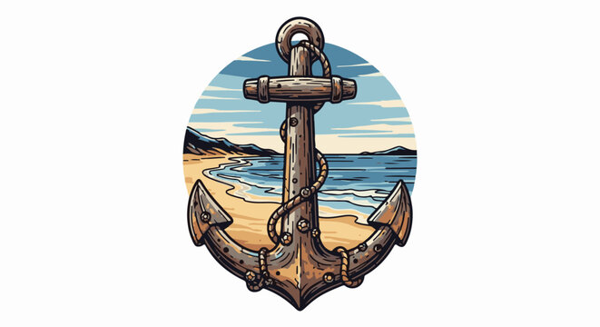 An old anchor rests on a sandy beach with a gentle ocean and distant hills in the background
